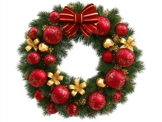 Festive Wreath with Red Ornaments and Gold Ribbon Isolated on White Background for Holiday Decor