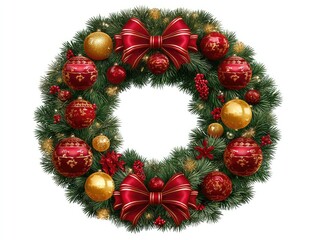 Festive Christmas Wreath with Red Ornaments and Gold Ribbons Isolated on White Background for Holiday Decorations