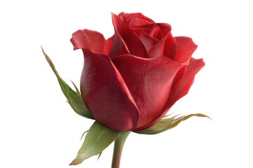 Vibrant Red Rosebud with Tightly Wrapped Petals and Green Leaves Against a Clean Background