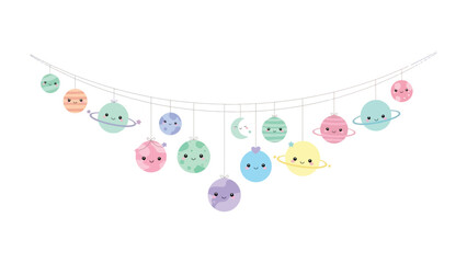 Celestial Garland: A whimsical garland of adorable planets, stars, and celestial bodies hangs gracefully, inviting wonder and imagination. © Murshida