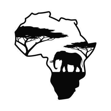 Africa map silhouette sign design African Safari Silhouette Elephant and Acacia Trees Map Vector Design