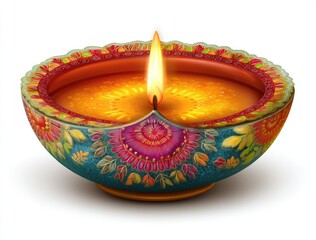 Vibrant Clay Diya with Intricate Floral Design and Bright Flame on Transparent Background