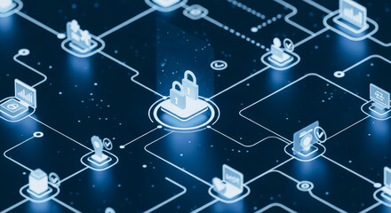 An illuminated digital network graphic highlighting cybersecurity measures. The image emphasizes interconnectedness, data security.