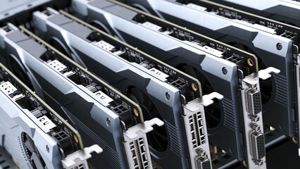 A close-up view of multiple graphics cards in a server, ideal for tech articles or hardware reviews.
