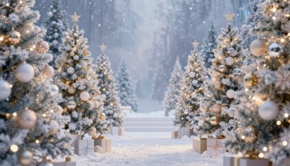 Fototapeta premium Magical Christmas Forest Scene with Decorated Trees and Snow