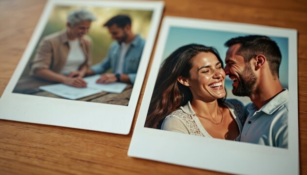 Couple shares joy and laughter in snapshot photos. Memories captured on wooden table surface. Two polaroids show love and connection, people smiling and interacting happily. - Powered by Adobe