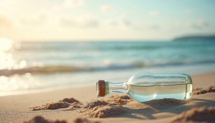 Glass bottle with liquid rests on wet sand near ocean waves. A single drop falls from bottle cap onto beach. Calm sea, sunny sky and distant landmass create serene coastal scene.