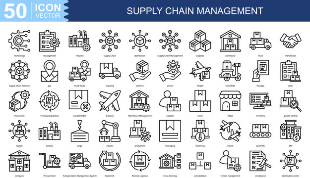 Supply Chain Management icon collection set. Containing management, Industry, Supply Chain, distribution, Logistics, warehouse icon