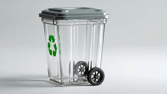 Transparent recycling bin with green logo is shown from various angles, highlighting its design and functionality, as the camera pans and zooms in on the details of the container