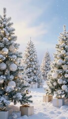 Fototapeta premium Magical Winter Forest Scene with Decorated Christmas Trees and Gifts