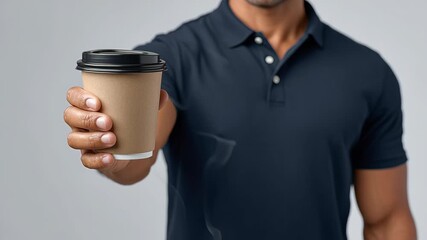 Man in navy polo shirt offers steaming coffee cup, showcasing inviting gesture and warmth, with gradual camera zoom enhancing the connection and engagement in the scene