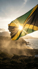 A Jamaican flag stands proudly against a breathtaking sunset over a coastal landscape, ideal for travel ads or nature-themed projects.