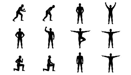 Set of 12 black silhouettes of men performing various fitness, exercise, and yoga poses for sports and workout concepts