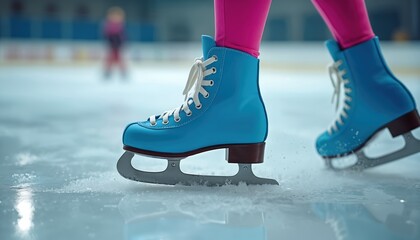 Close up view of child feet in blue ice skates moves on frozen rink. Toddler learns balance and motion gliding across ice. Kid enjoys winter sport active fun, wearing bright pink leggings.