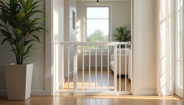 White safety gate installed in bright entryway hallway. Modern baby barrier prevents toddlers from accessing stairs or rooms. Wooden floor and large plant add warmth to interior.