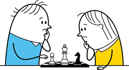 Two children intensely focused on a game of chess a simple sketch illustrating strategy and friendly competition