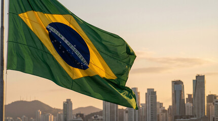 The Brazilian flag stands out against a stunning city skyline at sunset, perfect for tourism promotions or artistic projects showcasing urban beauty.