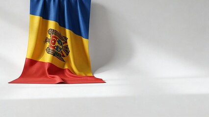 Elegant draped flag of Moldova showcasing blue, yellow, and red with the coat of arms. Suitable for artistic projects and cultural displays.