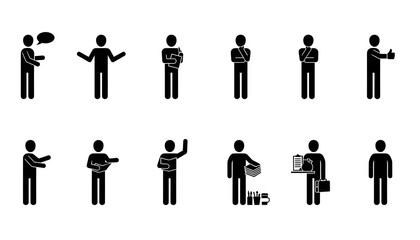 Set of business people stick figures icons showing various gestures and actions in communication and work situations
