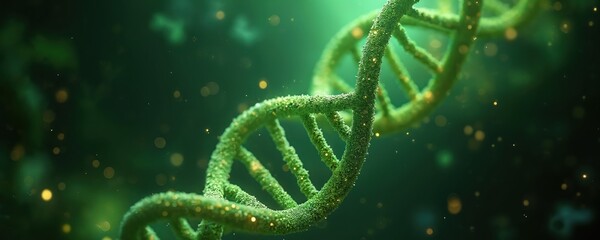 Green dna helix structure abstract background. Close up view of molecule with small sparkles. Science concept graphic with light bokeh particles.