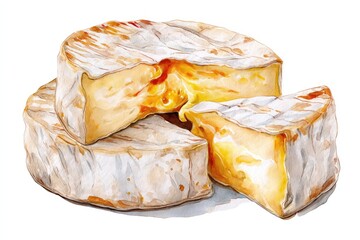 Whole Camembert Cheese Watercolor Illustration on White Background Showing Delicious Creamy Texture and Round Shape