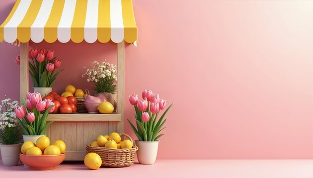 Flower and fruit stall with tulips and lemons. Red tomatoes and yellow citrous are in baskets. White and pink blooms add spring colors. Sunny awning covers produce stand.