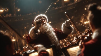 Santa Claus conducting an orchestra of elves playing holiday tunes, instruments glowing, stage lights, 8k, realistic, full ultra HD, high resolution, cinematic photography