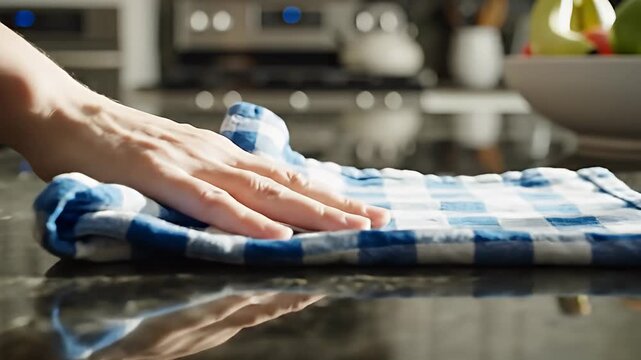 Cleaning Kitchen Countertop with Cloth - A Domestic Scene.