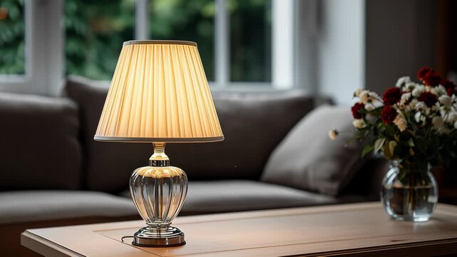 Elegant table lamp with pleated shade illuminates cozy living room scene, showcasing soft textures and warm ambiance, camera performs a gentle zoom in to highlight details