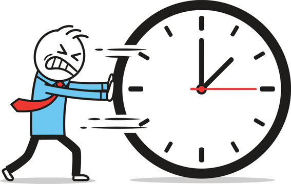 Stressed stick figure struggles to hold back a large clock face representing time pressure and deadlines