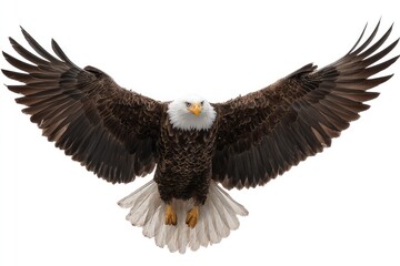 Obraz premium Majestic Bald Eagle Soaring with Wings Fully Outstretched Towards Viewer in Clear Sky