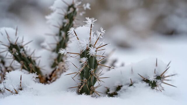 An exquisite display of winter's touch, a resilient cholla cactus elegantly blanketed in glistening hoarfrost and fresh, powdery snow, standing firm