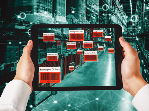 Smart warehouse management system using augmented reality technology to identify package picking and delivery . Future concept of supply chain and logistic business . - Powered by Adobe