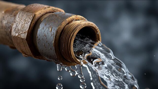 Water flows steadily from a rusty pipe fitting, showcasing the dynamic movement of liquid, with close-up details emphasizing texture and motion, capturing the essence of fluid dynamics