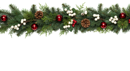 a dense, detailed christmas garland border of fir, cedar, pine cones, and glossy white ilex berries with vibrant red baubles, isolated on a high-key white background with copy space. concept for