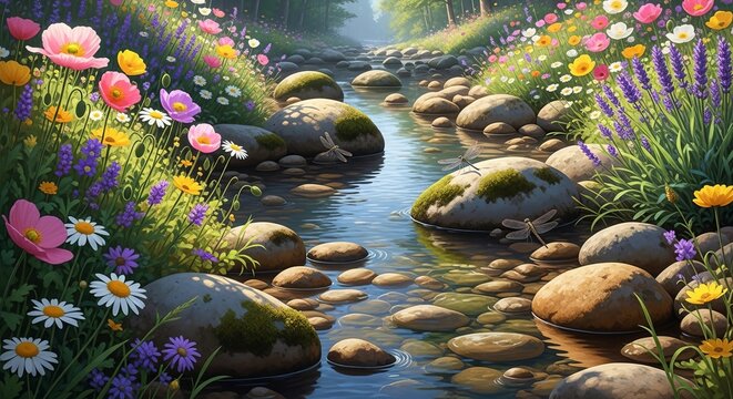 Tranquil stream flows through a vibrant meadow filled with colorful wildflowers and lush green foliage. - Powered by Adobe