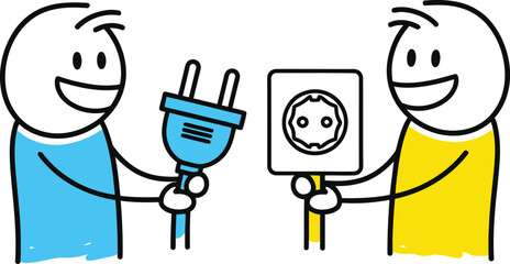 Stick figure illustration of two people connecting a plug to a socket representing energy transfer and collaboration