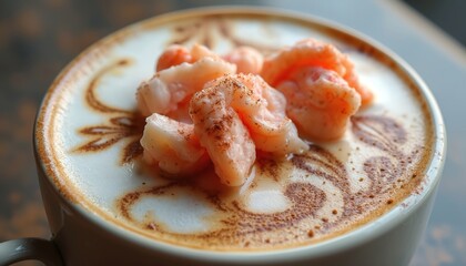 Close up of steaming hot cappuccino coffee cup. Creamy foam art with spices topped by pink shrimp pieces. Unusual food beverage pairing on table.
