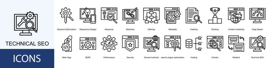technical seo icon collection set. Containing Keywords, Backlinks, Sitemap, Metadata, Indexing, Ranking, Content marketing icon