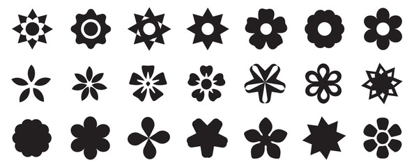 Flowers icon set. Retro vintage style, hand drawn decorative elements. Black Flower isolated on white background . Vector illustration. 