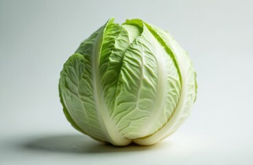 Obraz premium Whole green cabbage with smooth surface and tightly packed leaves. This fresh vegetable has crisp texture and light green color, perfect for healthy meals, cooking, and dietary needs.