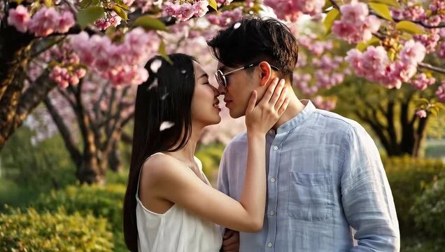 Romantic Asian couple with blind boyfriend holding cane kissing under falling cherry blossom petals in spring park