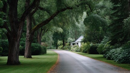 Obraz premium A tree-lined driveway leading to an old farmhouse, with green grass and trees. Large willows fill the lush, beautiful landscape, with trees lining both sides of the long, curved driveway. 