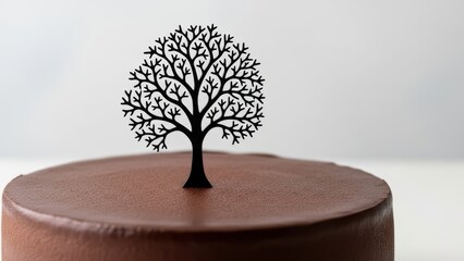 Elegant chocolate cake with smooth ganache topping and intricate black tree silhouette topper, minimalist yet striking nature inspired dessert perfect for winter gatherings and sophisticated celebrate