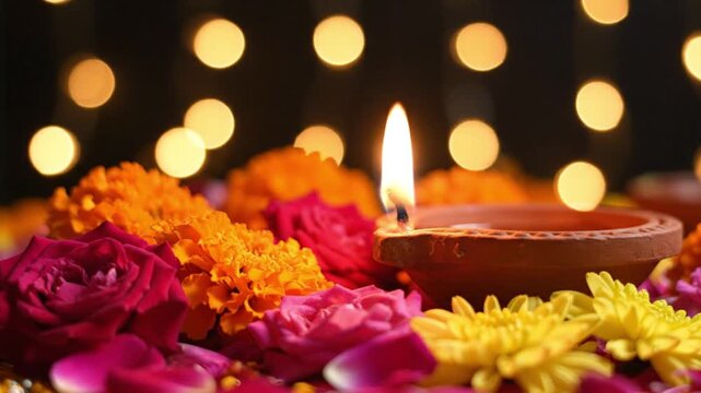 Close-up of a lit diya surrounded by vibrant flowers and petals for Chhath Puja with warm bokeh lights