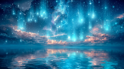 Naklejka premium 海面に反射する幻想的な流星群と輝く星空の神秘的な夜景イラスト背景