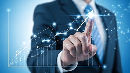 Businessman Touching Digital Financial Graph Interface in Office Environment with Futuristic Technology Viewpoint