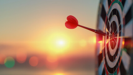 夕暮れ時のボケた背景とダーツボードの中心に命中した赤い矢
