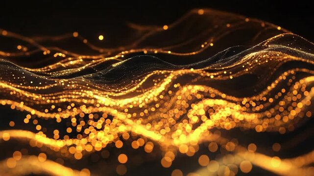 Golden glowing particles creating flowing digital waves background