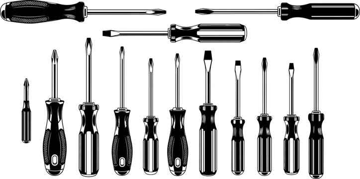 Large set of black and white screwdriver silhouettes in various sizes and tip types (Phillips and flathead), detailed vector illustration for tools, construction, and repair work.